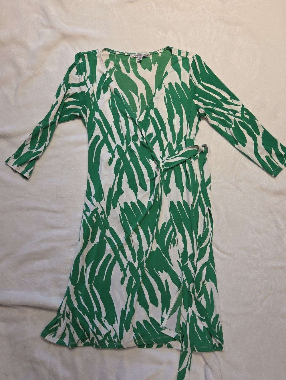 Maggy London Green and White Leaf-Print Wrap Midi Dress